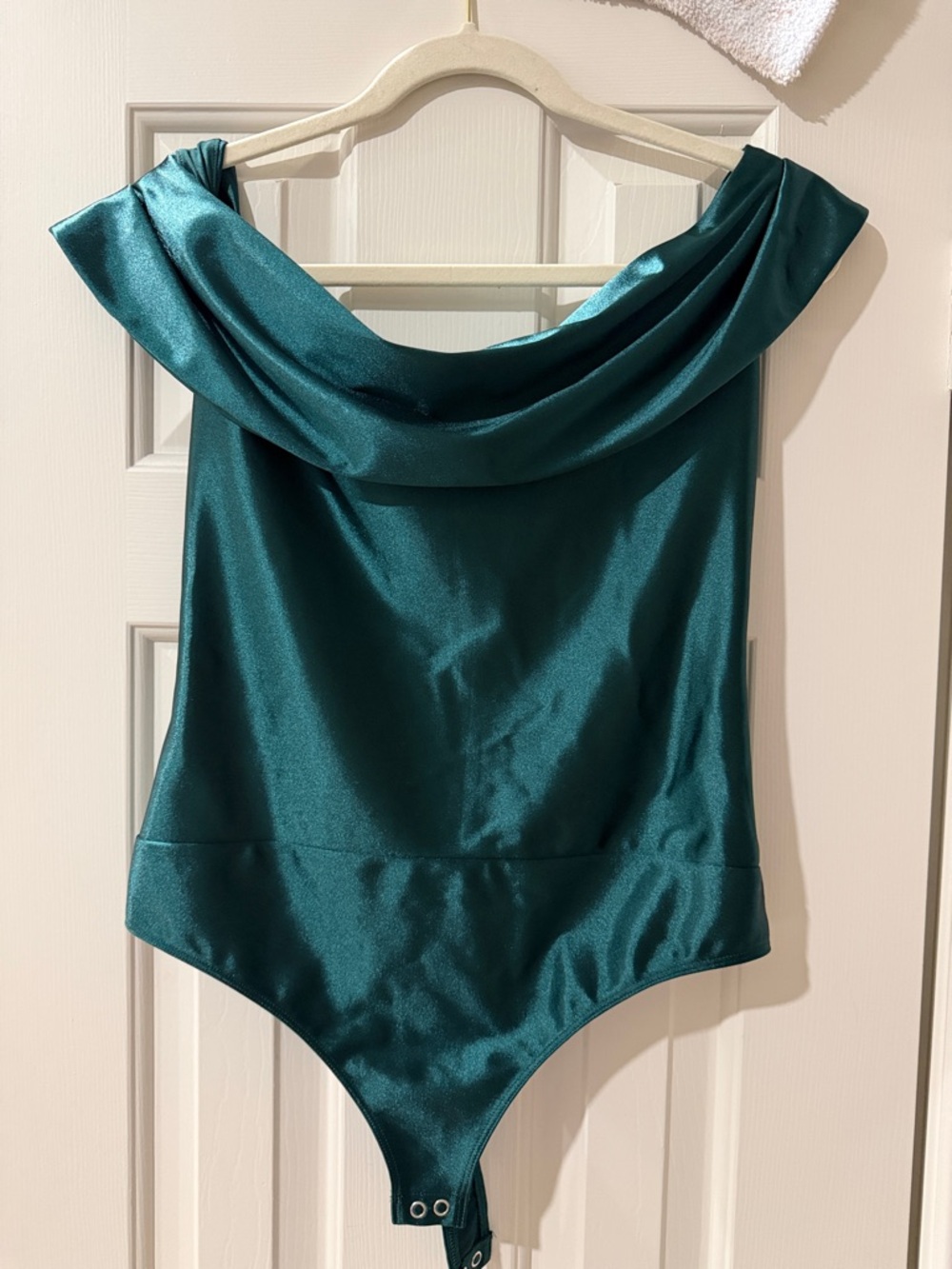 Express Teal Satin Off-Shoulder Bodysuit